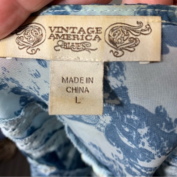 VINTAGE America Blues Boho Pullover Blouse Blue Paisley Floral Crochet Top Sz L - Picture 8 of 10